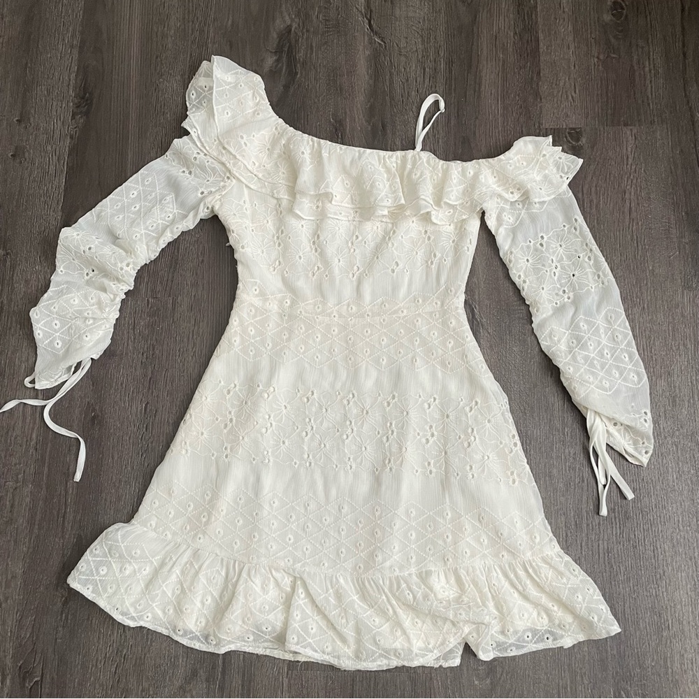 Astr Cream Off-Shoulder Eyelet Mini Dress